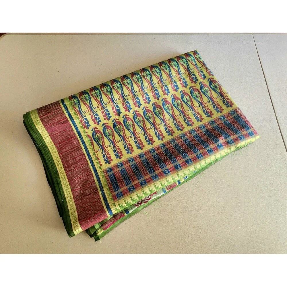 A Piece Of SARI Fabric Green Magenta Blue Gold Silver 5 Yd 30